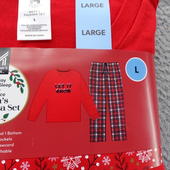 Members Mark Mens Large Red Let It Snow Pajama Set Holiday NEW Plaid - Picture 4 of 9
